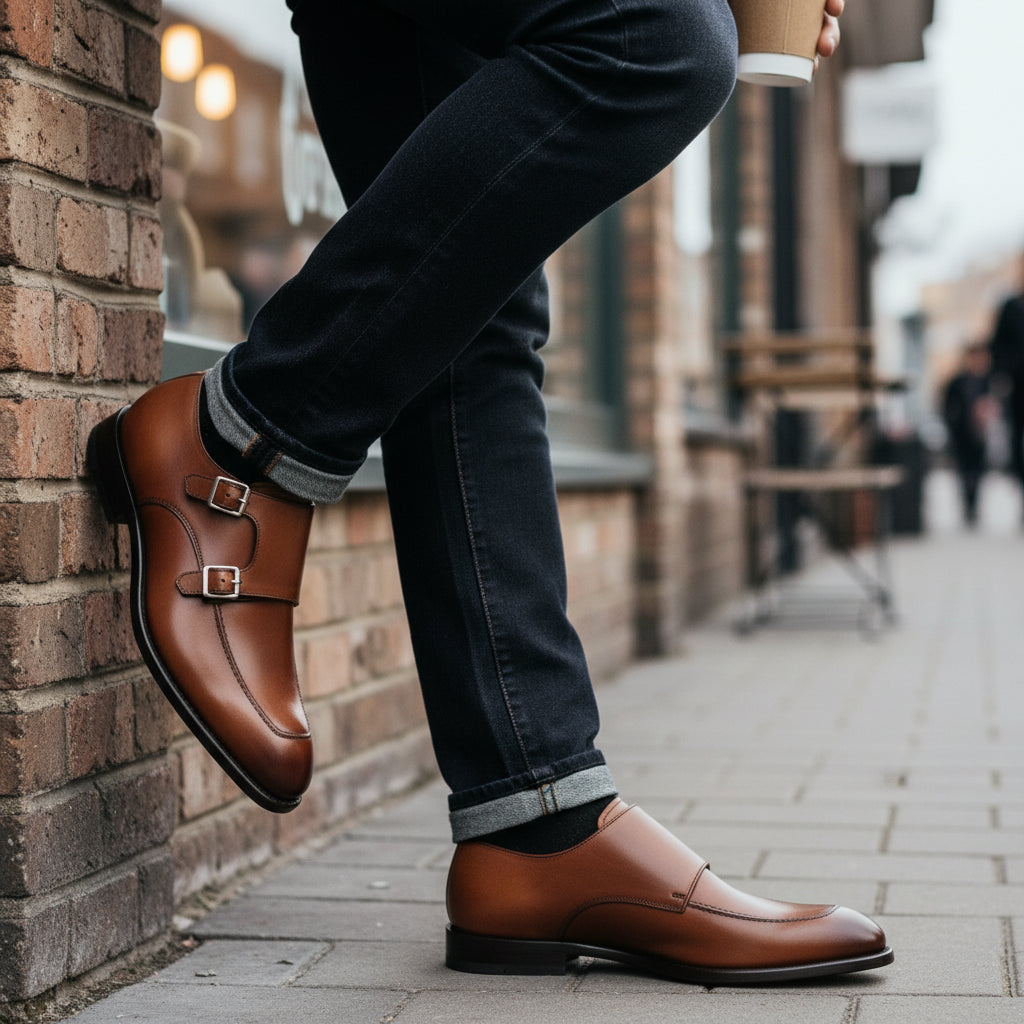 model-casual-setting - Men's Brown Leather Double Monk Dress Shoes