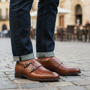 Men's Brown Leather Double Monk Strap Dress Shoes - model-casual-setting