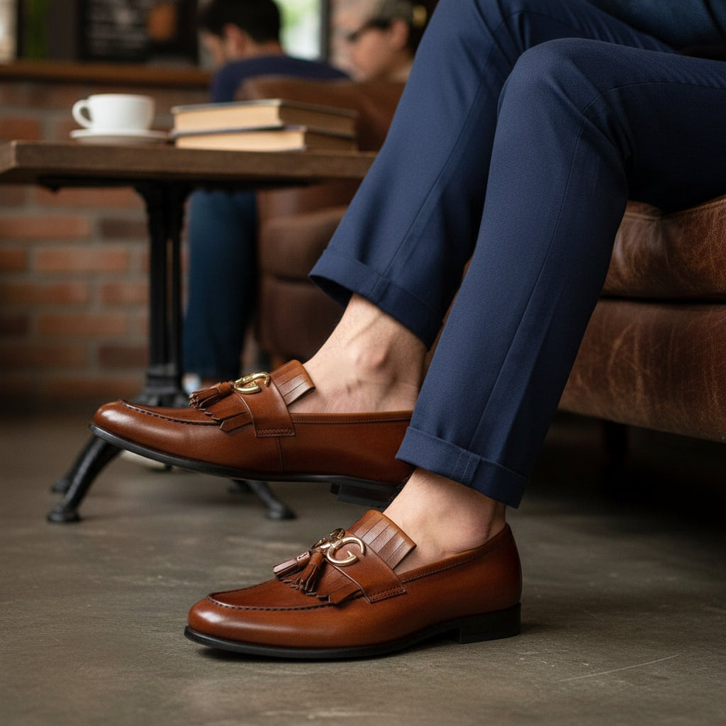 model-casual-setting - Men's Brown Leather Fringe Moccasins
