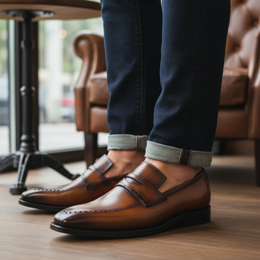 model-casual-setting - Men's Brown Leather Moccasin Dress Shoes