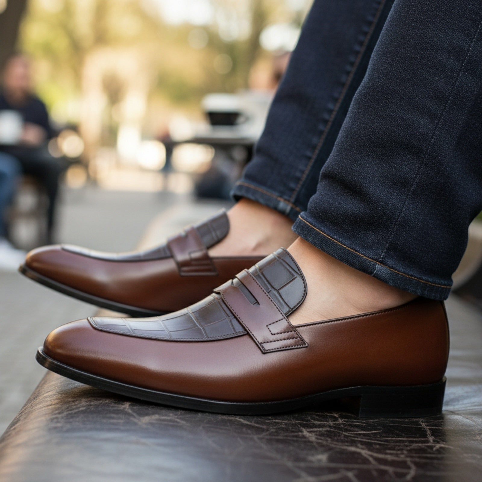 model-casual-setting - Men's Brown Leather Moccasins with Crocodile Embossing