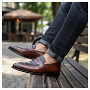 Men's Brown Leather Moccasins with Crocodile Texture - model-casual-setting