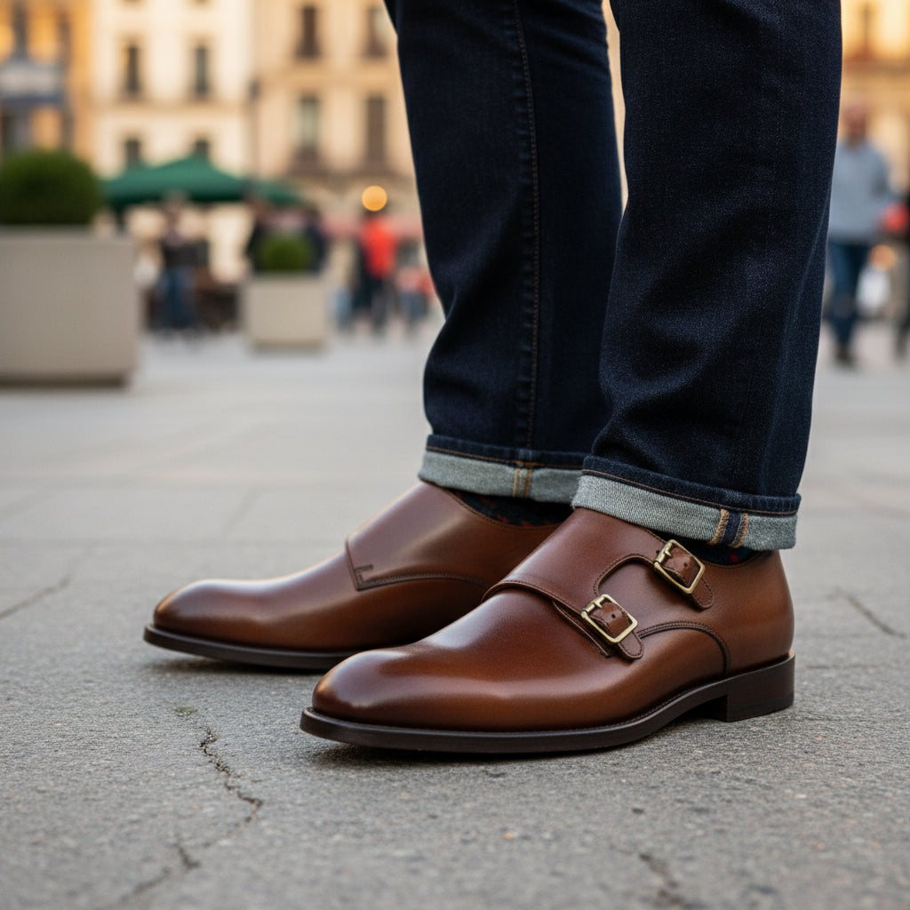 model-casual-setting - Men's Brown Leather Monk Strap Dress Shoes