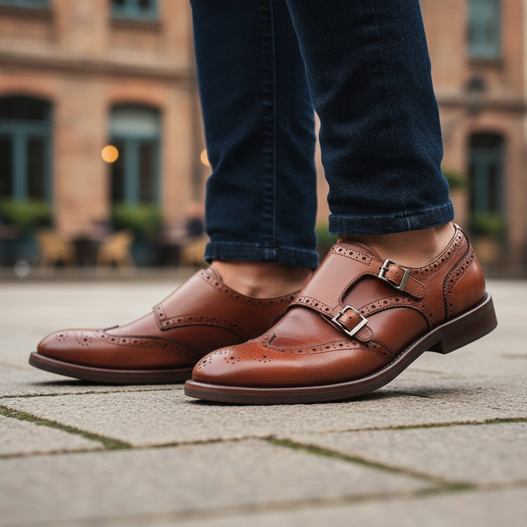 model-casual-setting - Men's Brown Leather Monk Strap Shoes