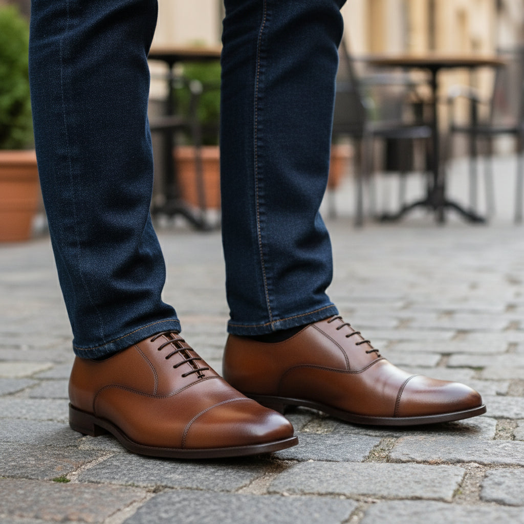 model-casual-setting - Men's Brown Leather Oxford Dress Shoes with Lace-Up