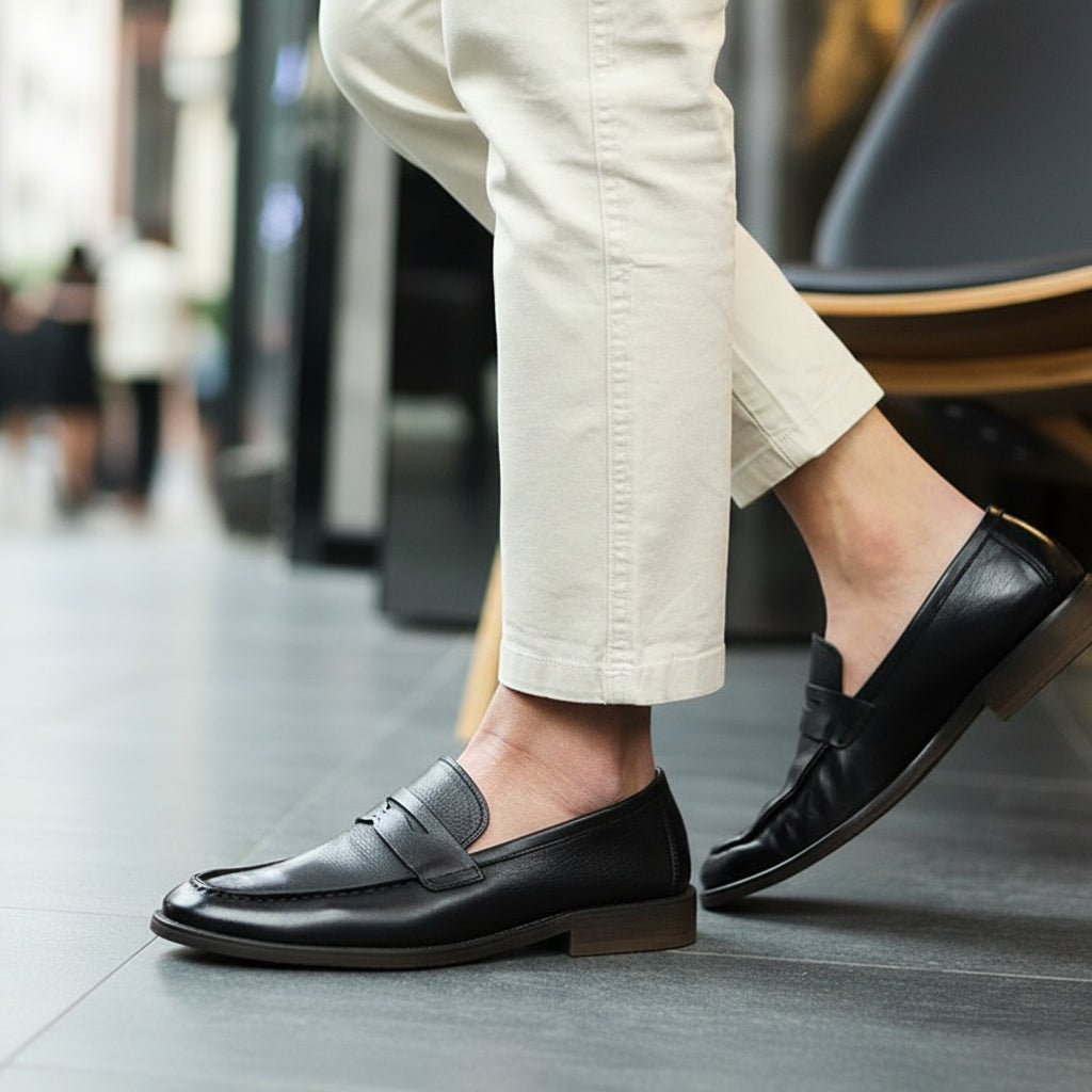 model-casual-setting - Men's Brown Leather Penny Loafer Shoes