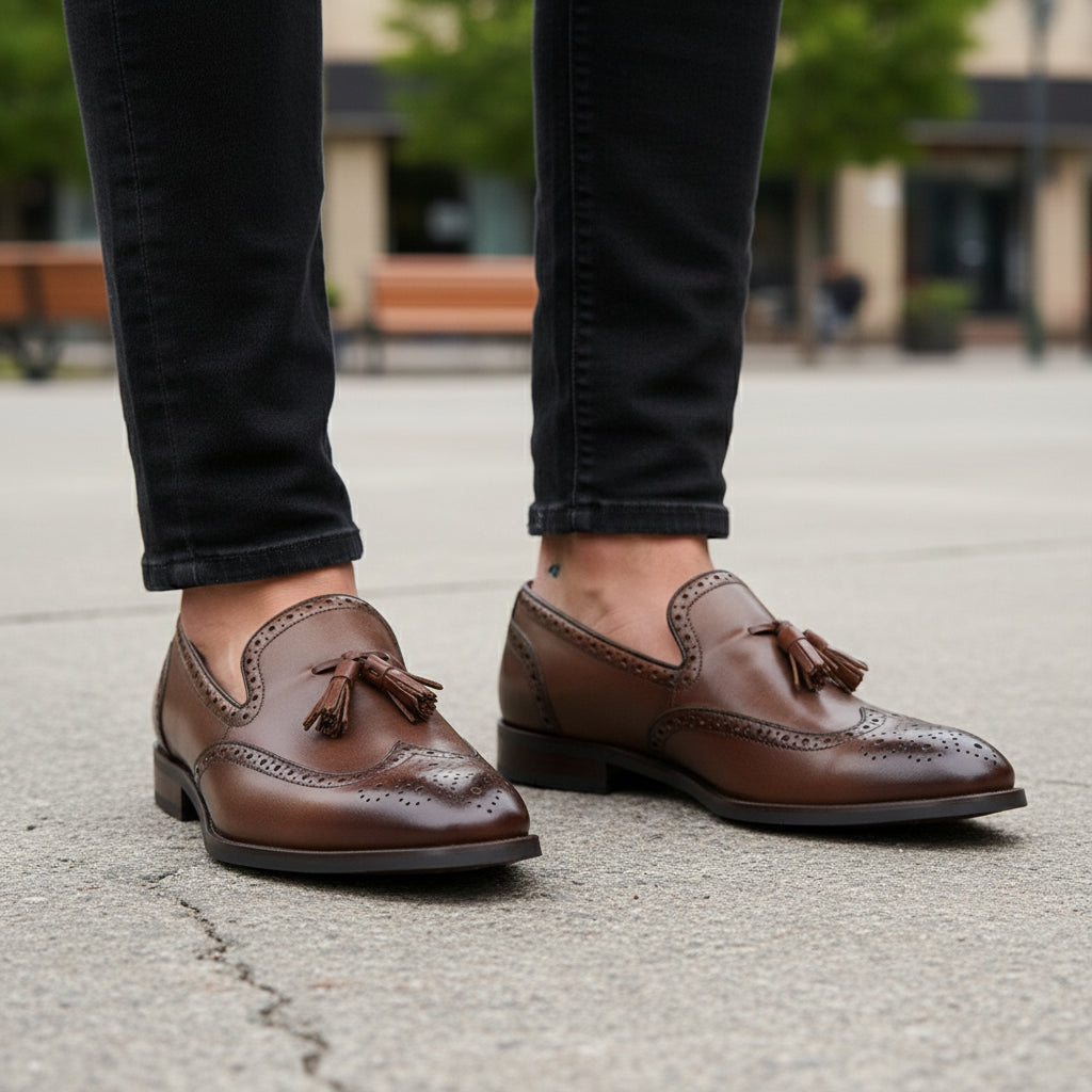 model-casual-setting - Men's Brown Leather Tassel Loafers