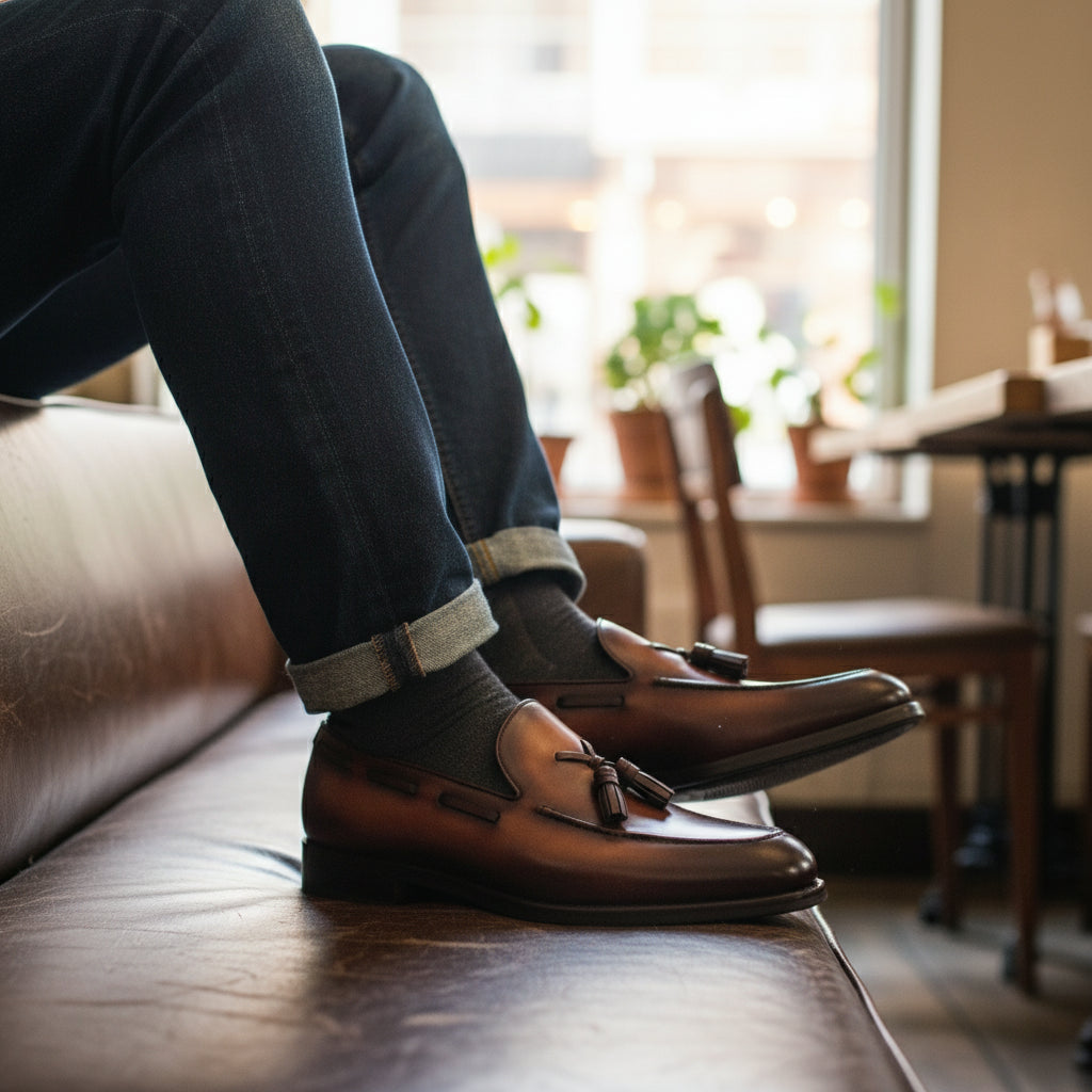 model-casual-setting - Men's Brown Leather Tassel Loafers