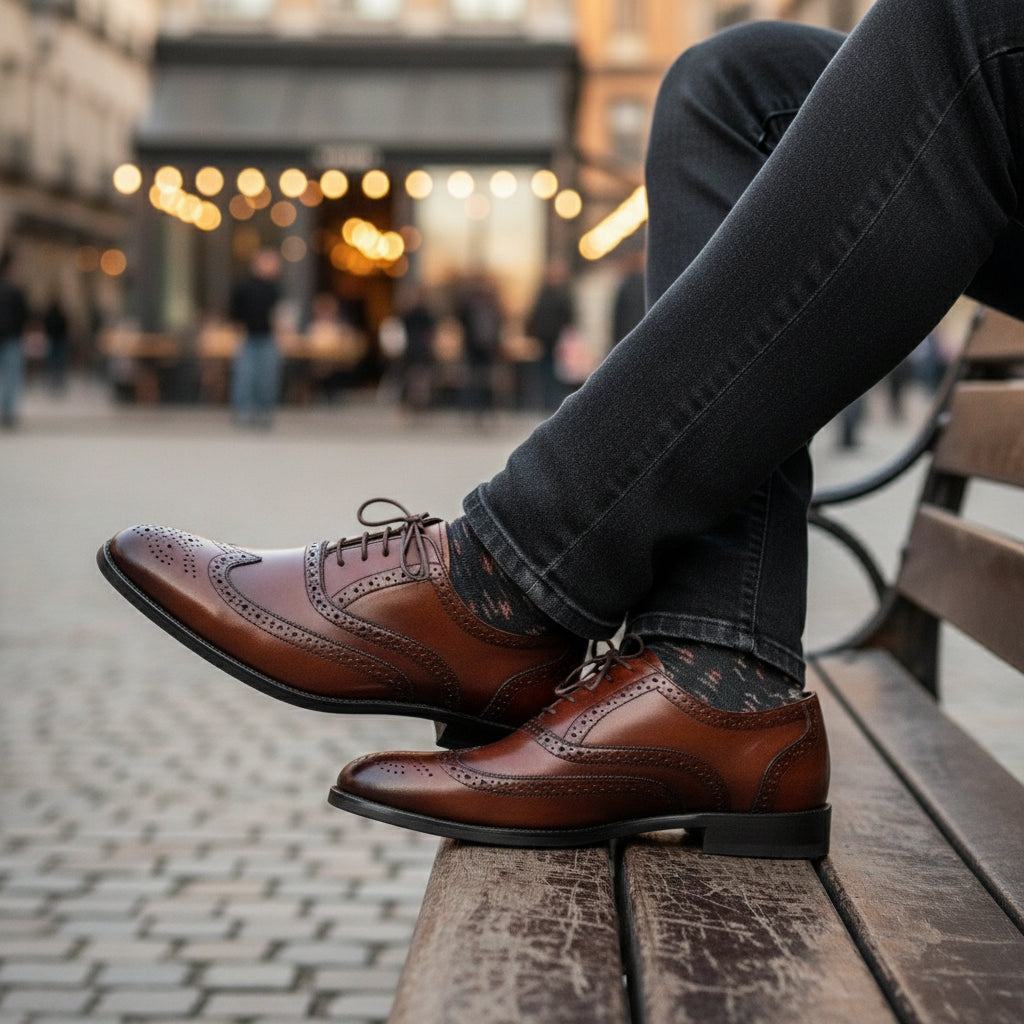 model-casual-setting - Men's Brown Leather Wingtip Brogue Dress Shoes