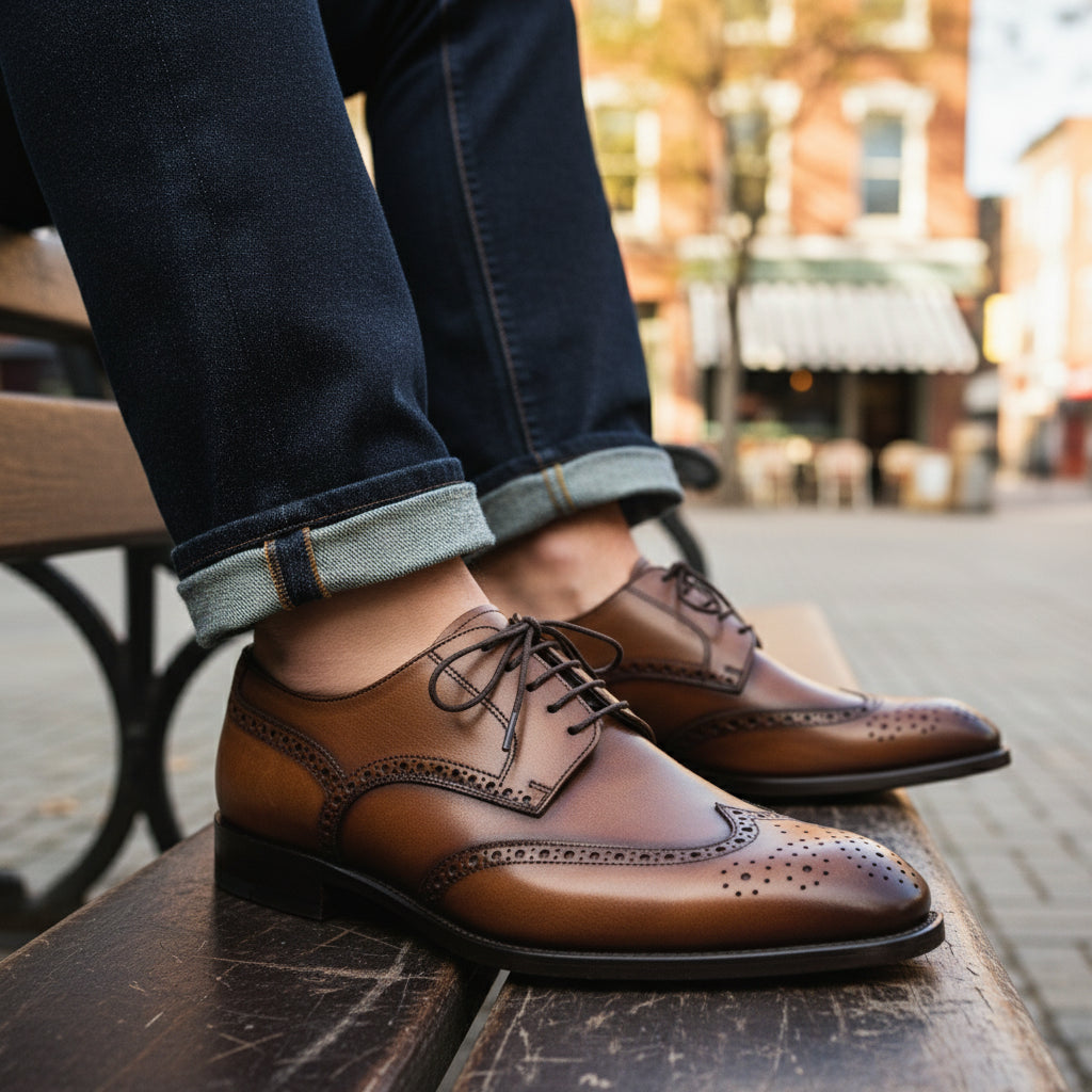 model-casual-setting - Men's Brown Leather Wingtip Brogue Dress Shoes