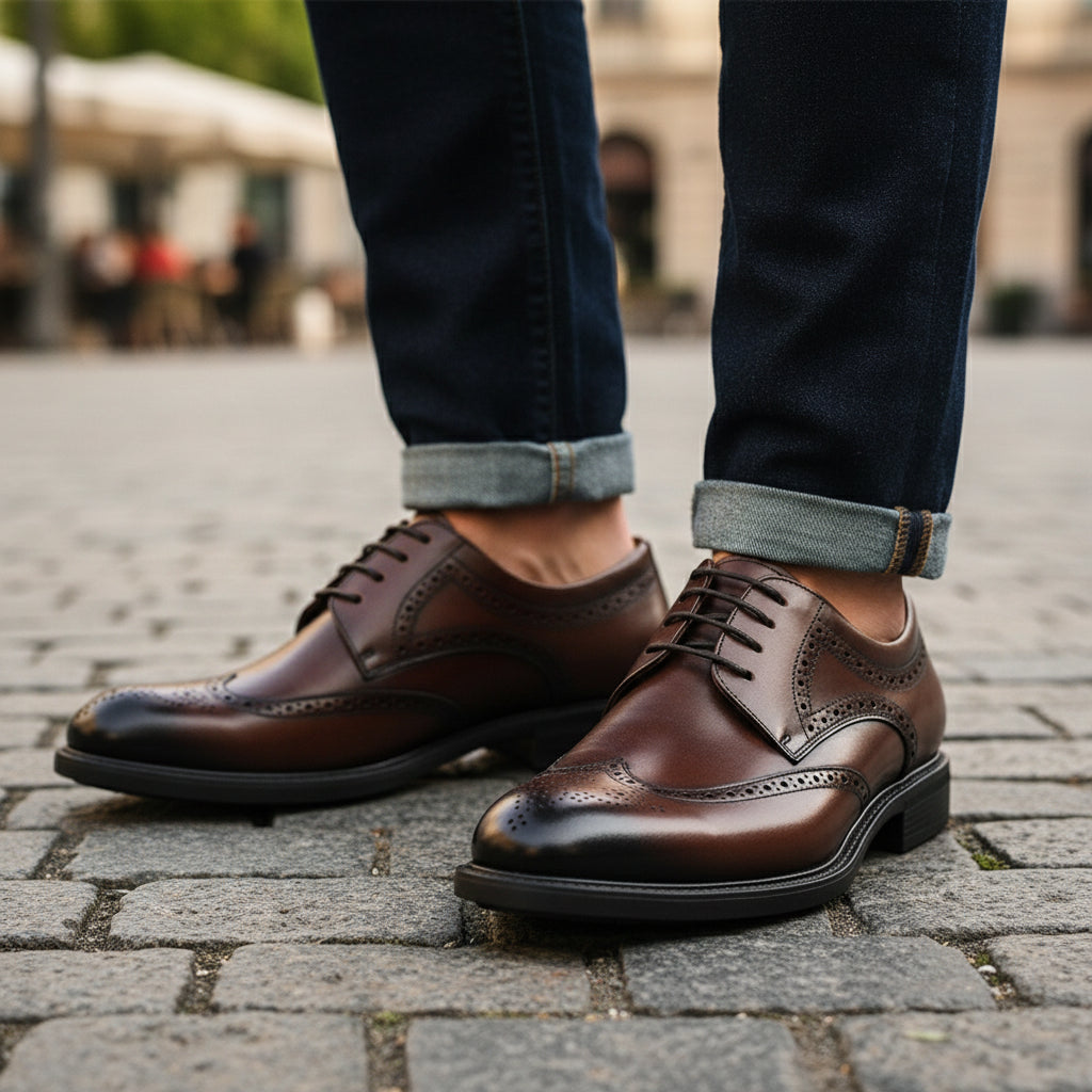 model-casual-setting - Men's Brown Leather Wingtip Oxfords