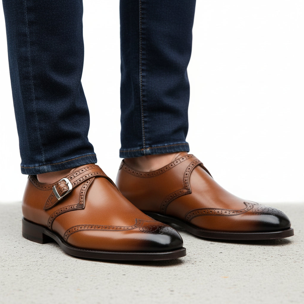 Men's Brown Monk Strap Leather Dress Shoes - model-casual-setting