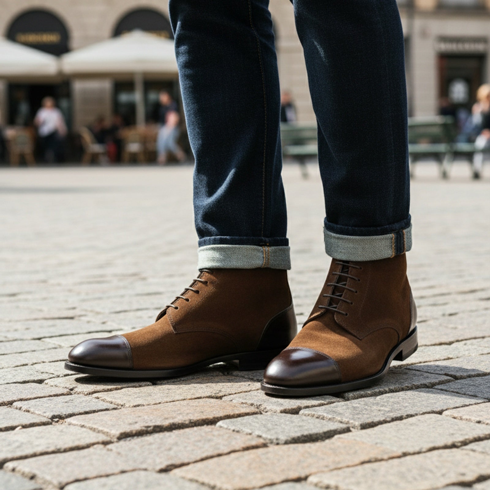 model-casual-setting - Men's Brown Suede Ankle Boots with Cap Toe