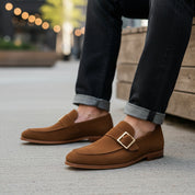 model-casual-setting - Men's Brown Suede Moccasin Dress Shoes