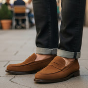 model-casual-setting - Men's Brown Suede Penny Loafer Moccasins