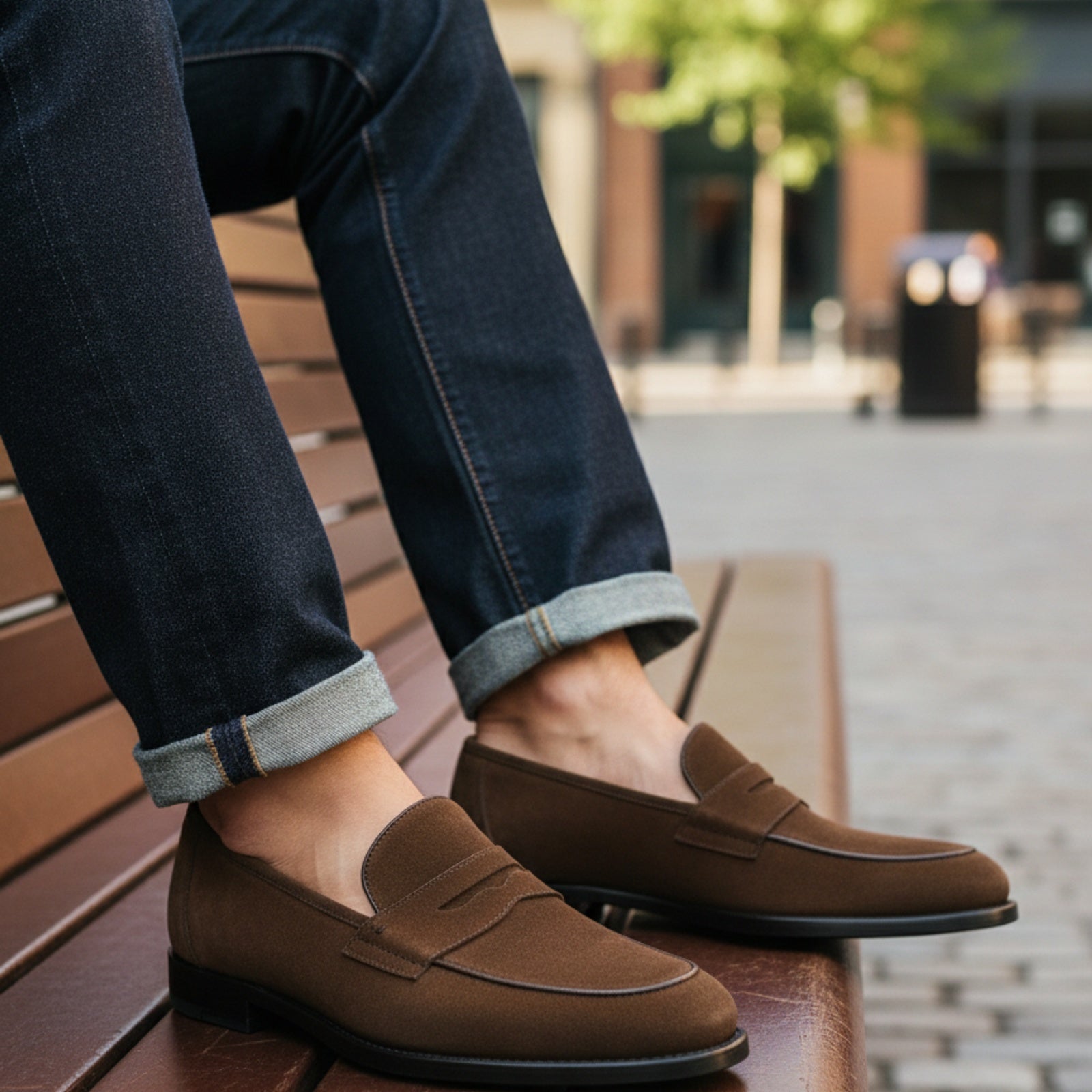Men's Brown Suede Penny Loafers - model-casual-setting