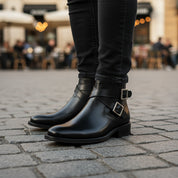 model-casual-setting - Men's Buckle Ankle Boots in Genuine Cow Leather
