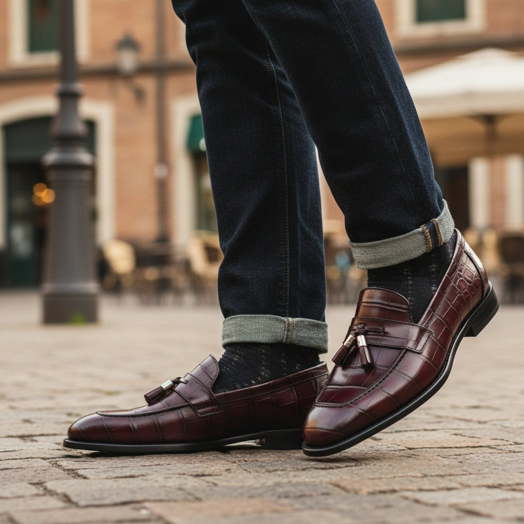 Men's Burgundy Crocodile Textured Leather Loafers - model-casual-setting