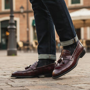 Men's Burgundy Crocodile Textured Leather Loafers - model-casual-setting