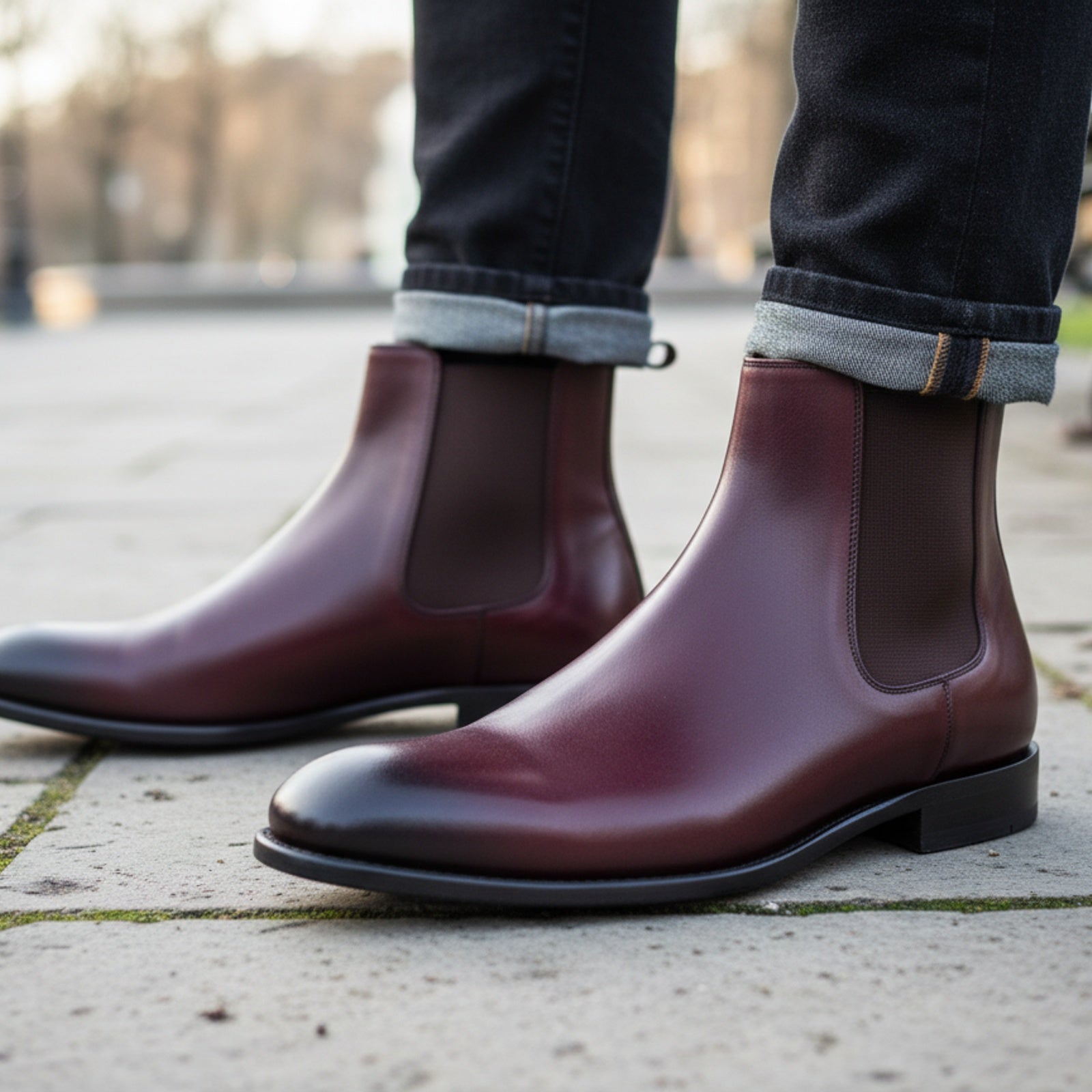 Men's Burgundy Leather Chelsea Boots - model-casual-setting