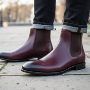 Men's Burgundy Leather Chelsea Boots - model-casual-setting