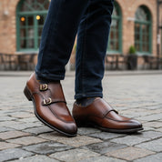 Men's Burgundy Leather Double Monk Shoes, Belgian Loafer Style - model-casual-setting