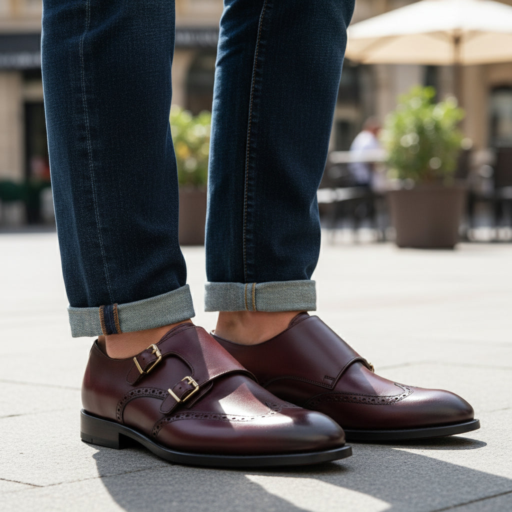 model-casual-setting - Men's Burgundy Leather Double Monk Strap Shoes