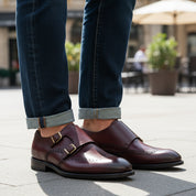 model-casual-setting - Men's Burgundy Leather Double Monk Strap Shoes