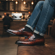 Men's Burgundy Leather Loafer Moccasins | Alligator Embossed Print - model-casual-setting