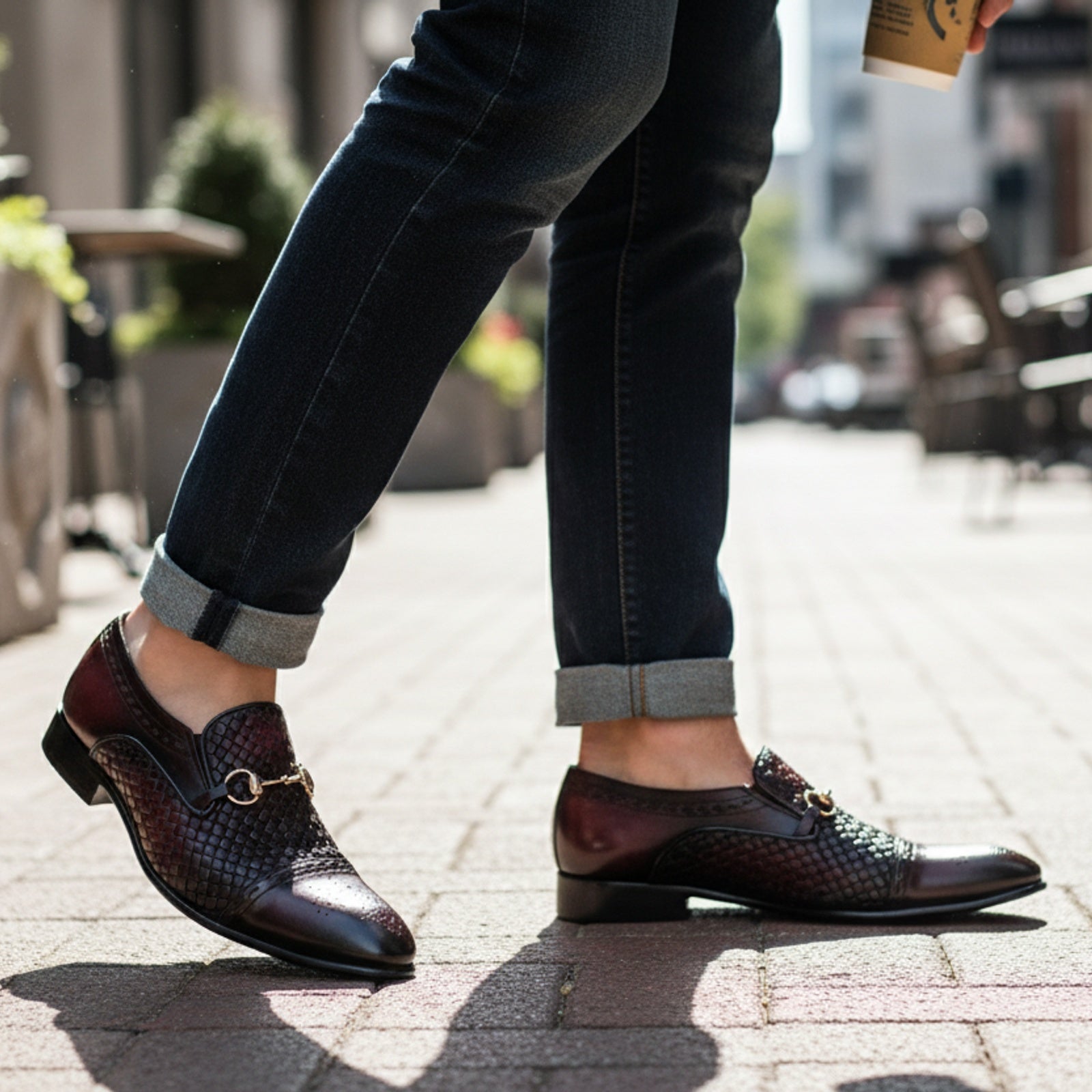 model-casual-setting - Men's Burgundy Leather Moccasins