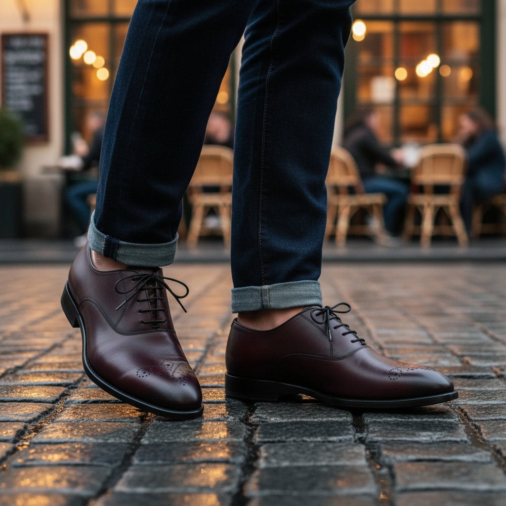 model-casual-setting - Men's Burgundy Whole Cut Oxford Leather Dress Shoes