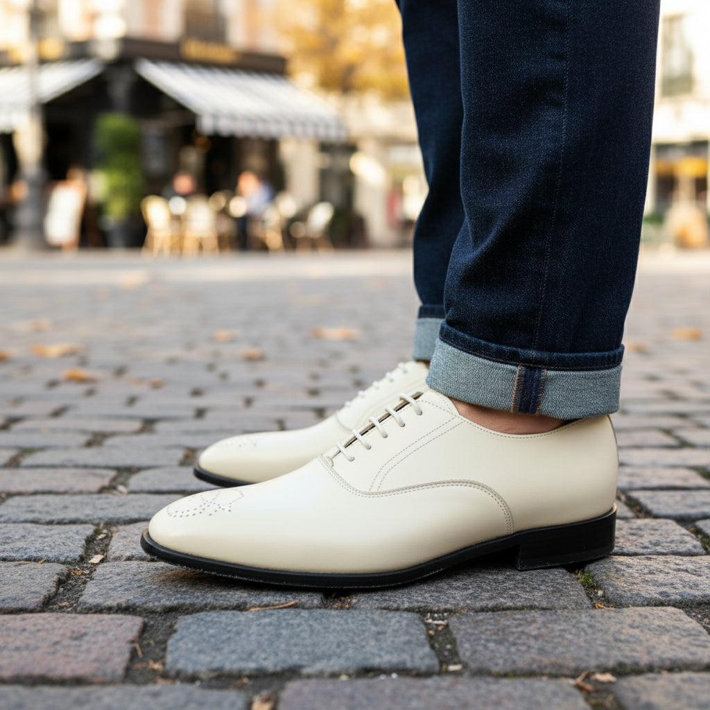 model-casual-setting - Men's Cream Brogue Dress Shoes in Genuine Calf Leather
