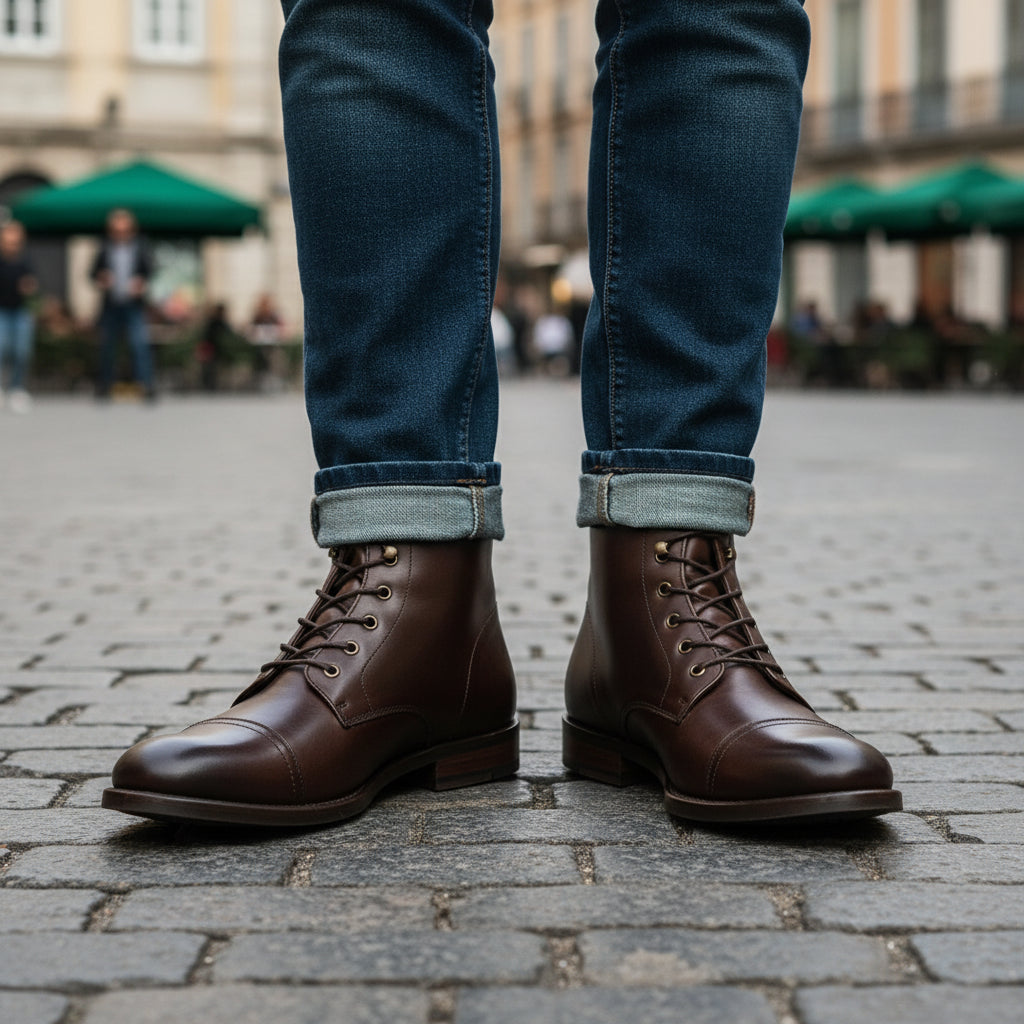 model-casual-setting - Men's Dark Brown Leather Cap Toe Ankle Boots
