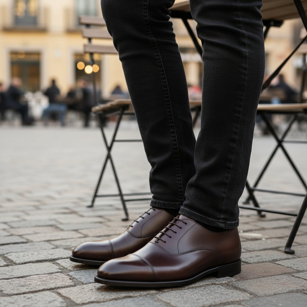 model-casual-setting - Men's Dark Brown Leather Oxford Dress Shoes