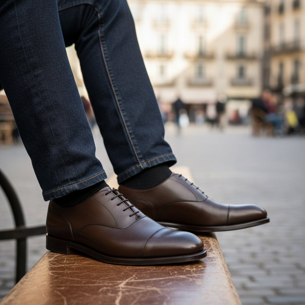 model-casual-setting - Men's Dark Brown Leather Oxford Dress Shoes