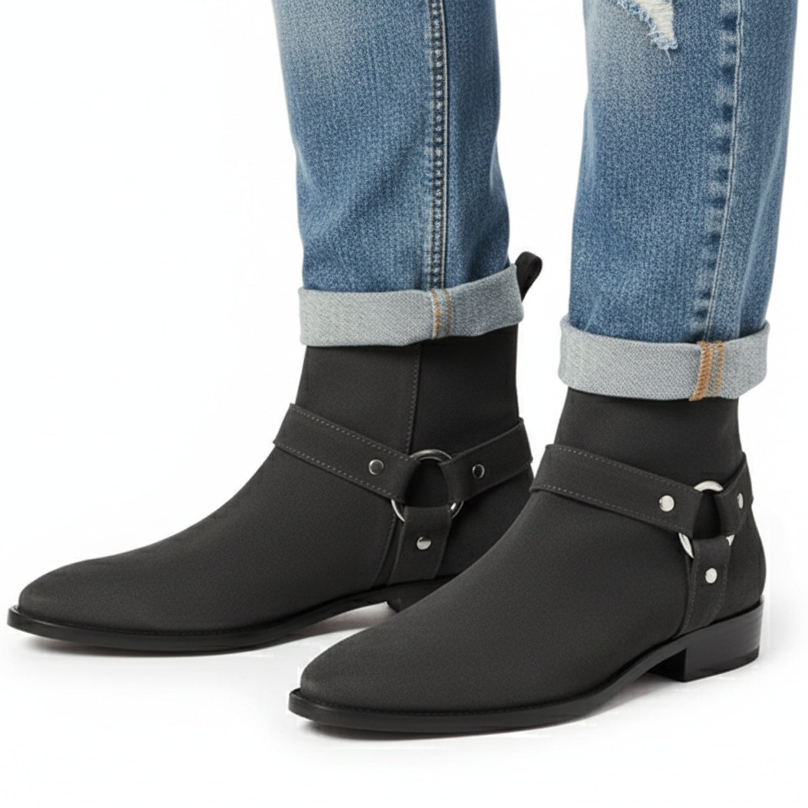 Men's Dark Gray Suede Biker Boots - model-casual-setting