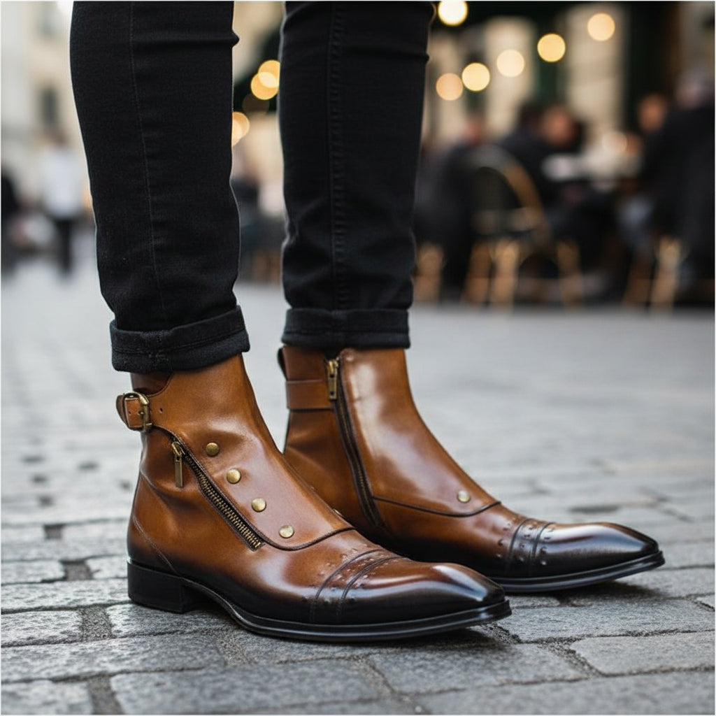 Men's Dark Tan Leather High Ankle Strap Boots - model-casual-setting