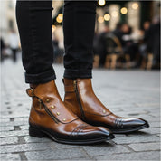 Men's Dark Tan Leather High Ankle Strap Boots - model-casual-setting