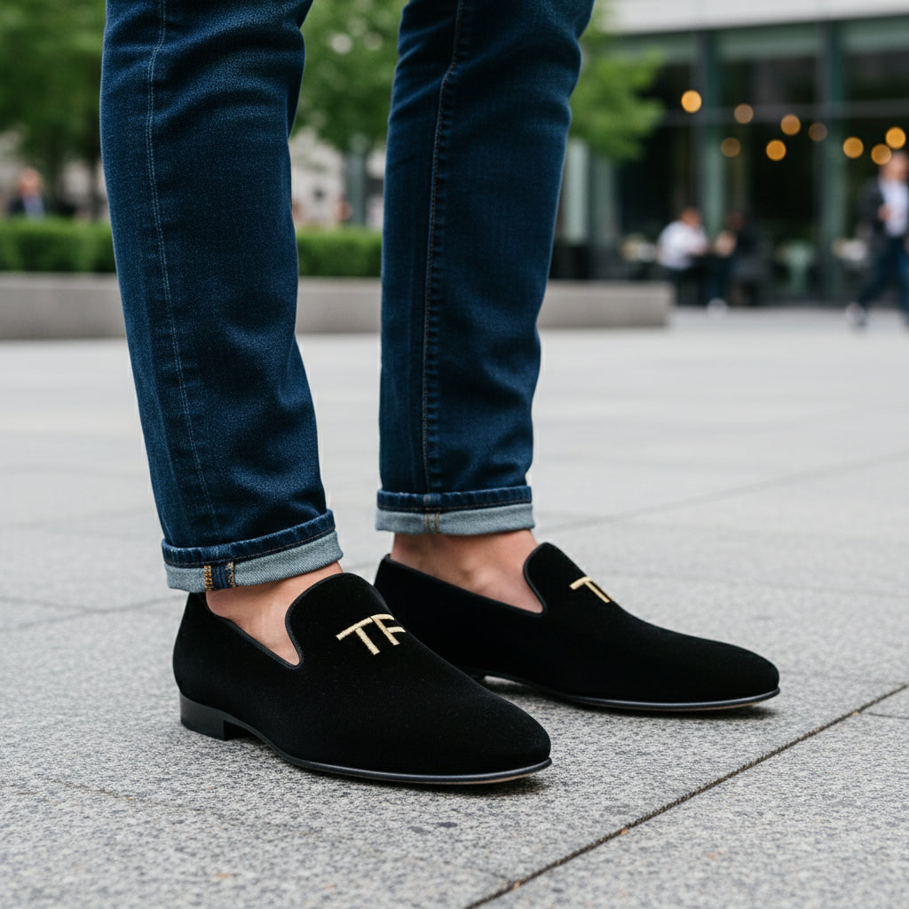 model-casual-setting - Men's Embroidered Velvet Leather Slippers