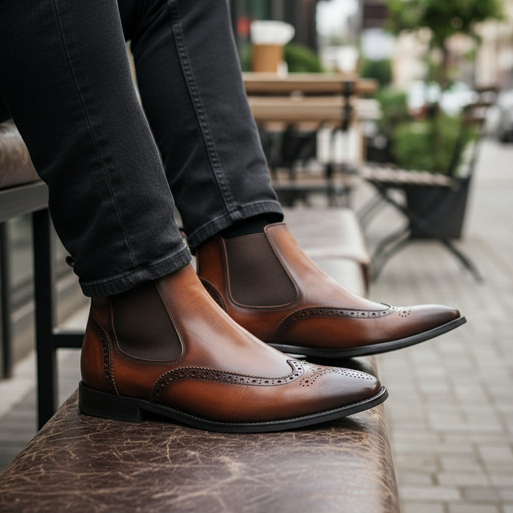 model-casual-setting - Men's Full Grain Leather Wingtip Chelsea Boots
