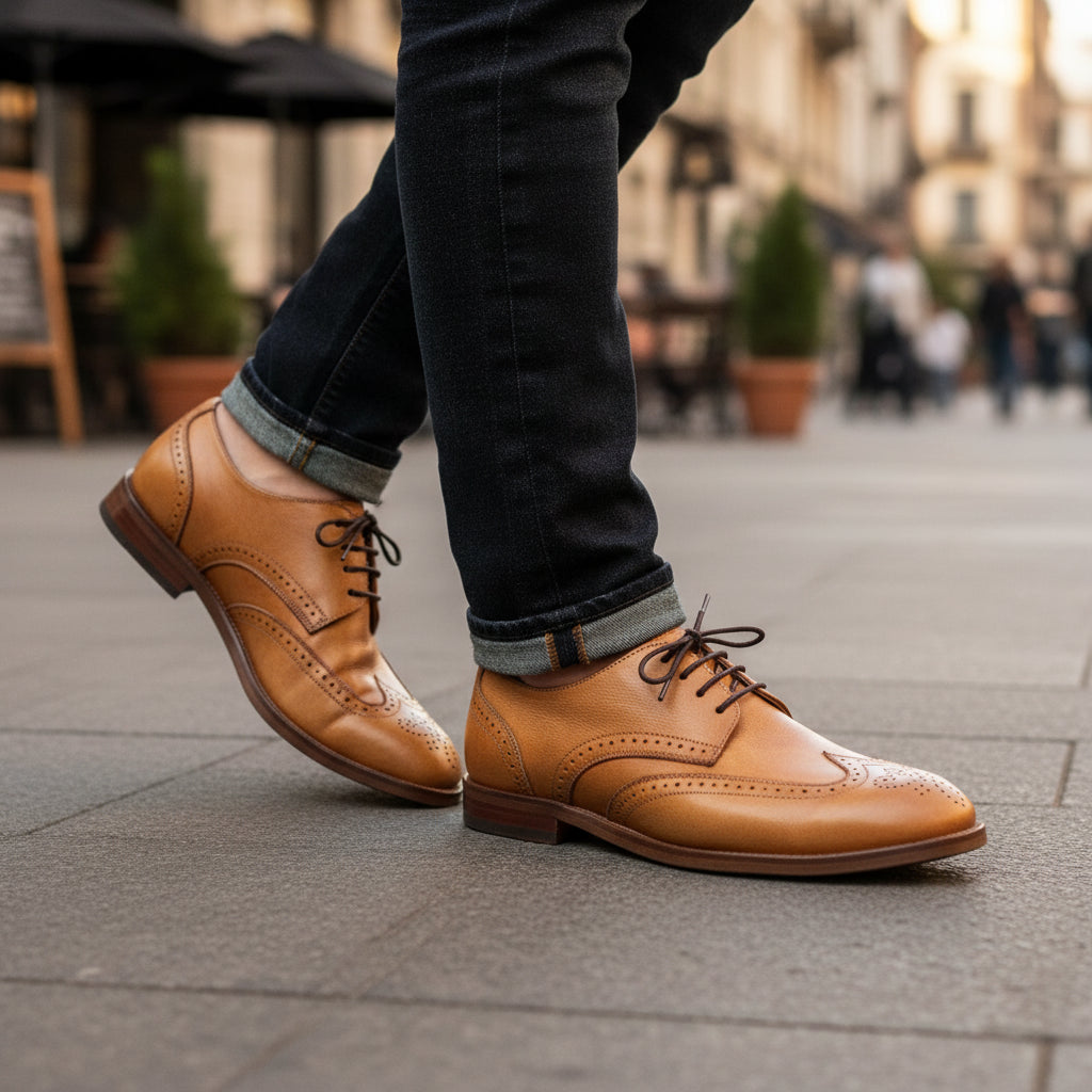 model-casual-setting - Men's Genuine Leather Derby Shoes with Brogue Detailing