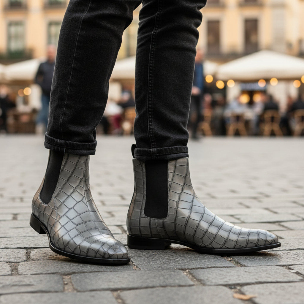 Men's Gray Crocodile Embossed Chelsea Leather Boots - model-casual-setting