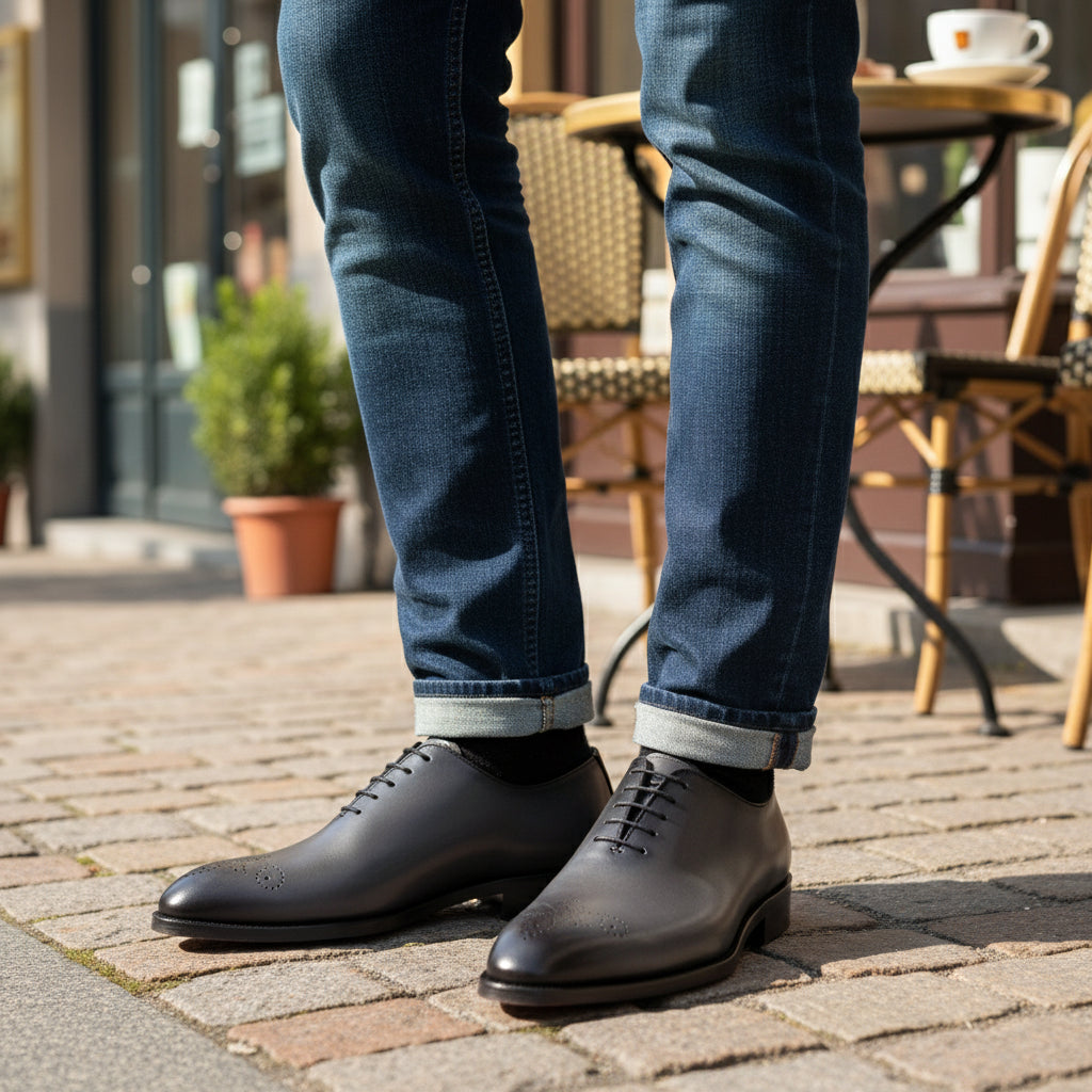 model-casual-setting - Men's Gray Leather Whole Cut Oxford Dress Shoes