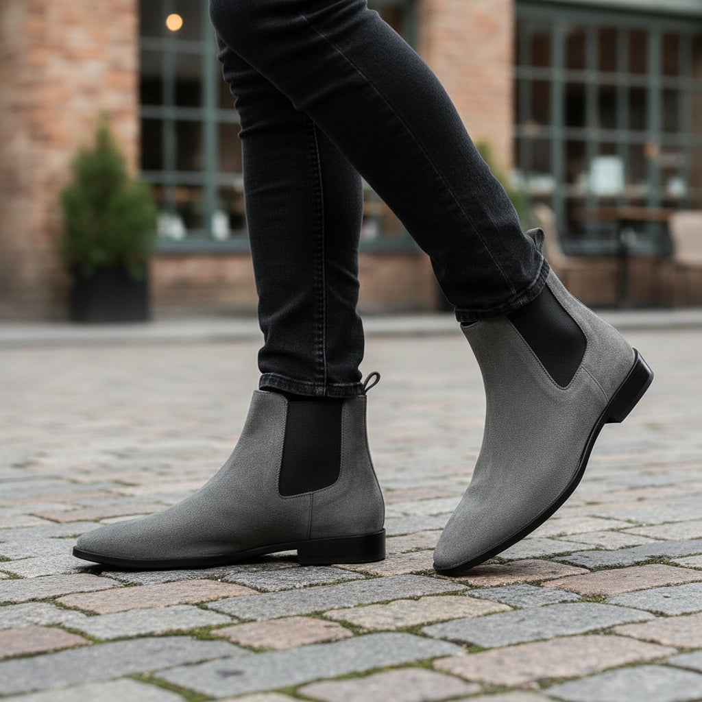 Men's Gray Suede Chelsea Boots - model-casual-setting