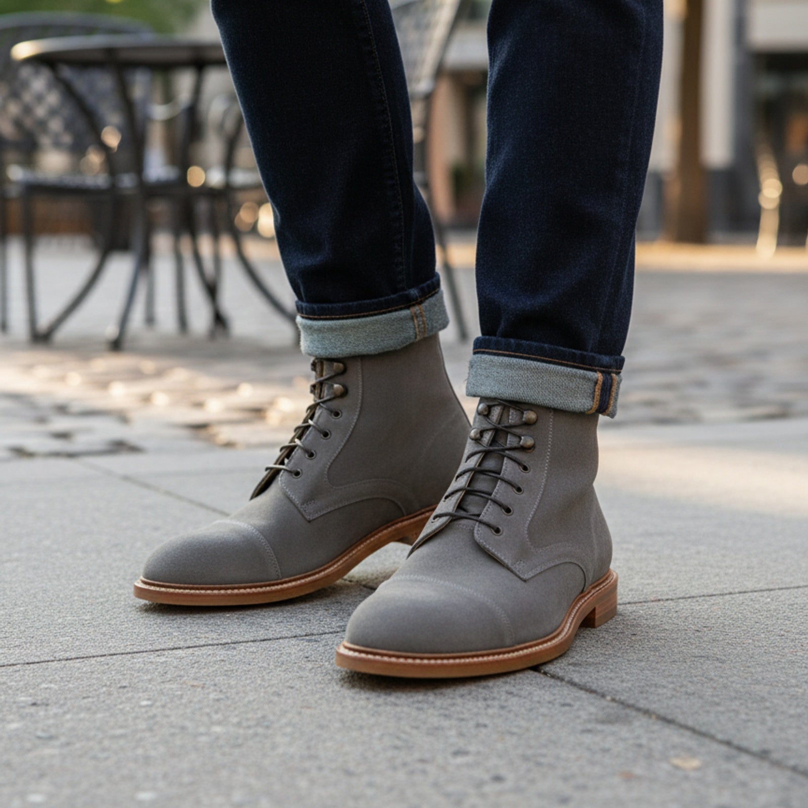 Men's Gray Suede Lace-Up Dress Boots - model-casual-setting