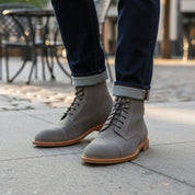 Men's Gray Suede Lace-Up Dress Boots - model-casual-setting