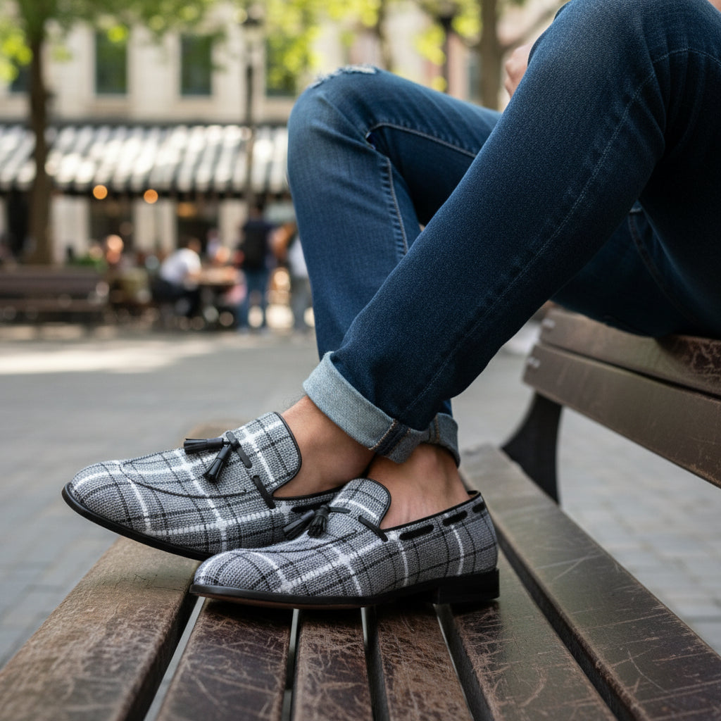 model-casual-setting - Men's Gray Tweed Fabric Loafers with Tassel Detail