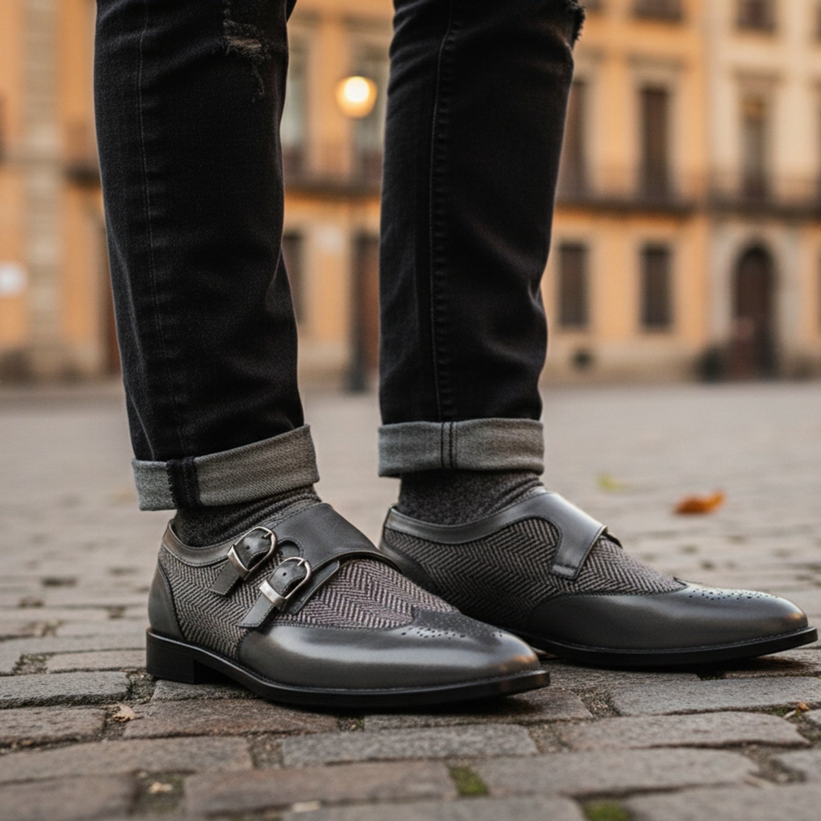 Men's Gray Wing Tip Monk Leather Shoes - model-casual-setting