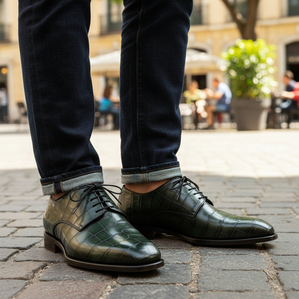 model-casual-setting - Men's Green Leather Lace-Up Dress Shoes