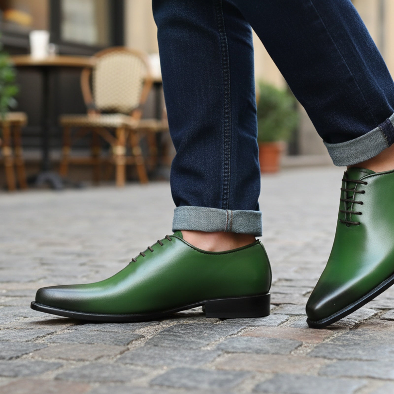 Men's Green Pointed Toe Leather Dress Shoes - model-casual-setting